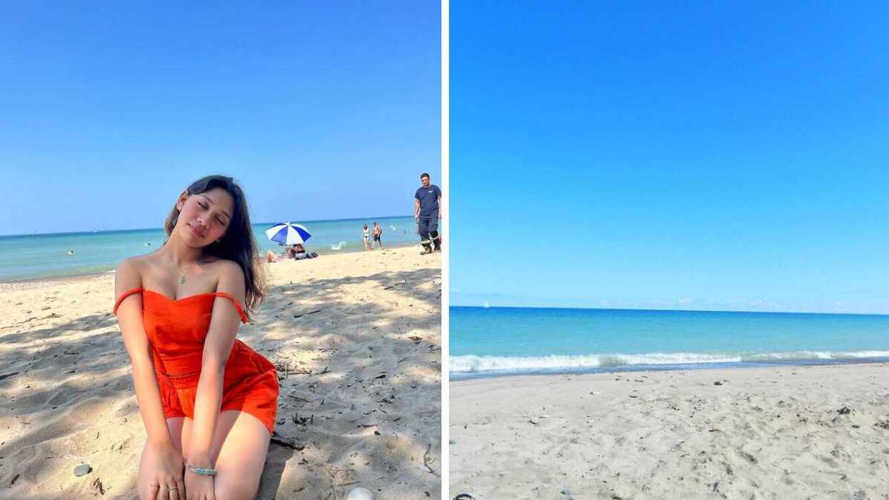 A person sitting on a beach. Right: A sandy beach.