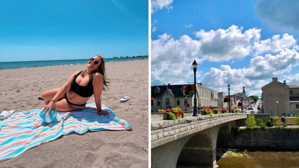 A person sitting on a beach. Right: A town with a stone bridge.