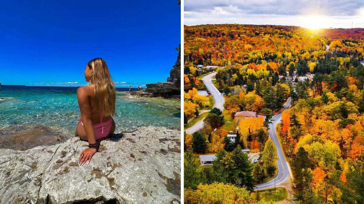 A person sitting on a beach. Right: A view of fall colours.