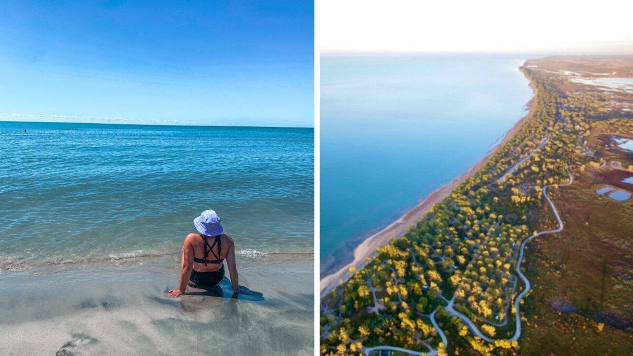 A person sitting on a beach. Right: An aeiral view of a beach.