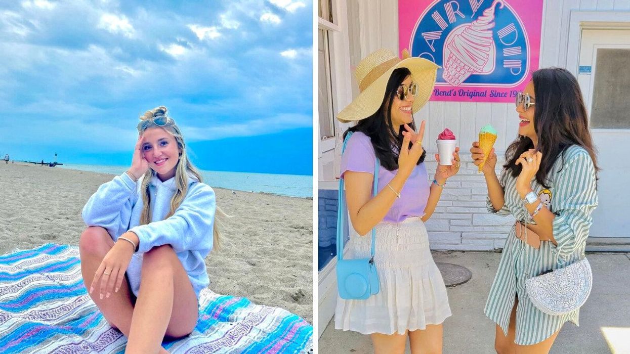 A person sitting on a beach. Right: Two people holding ice cream cones.
