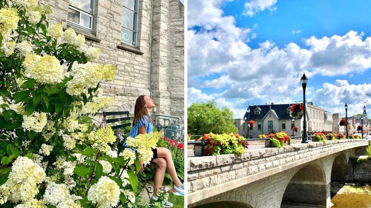 A person sitting on a bench by a church. Right: A small town with a stone bridge.