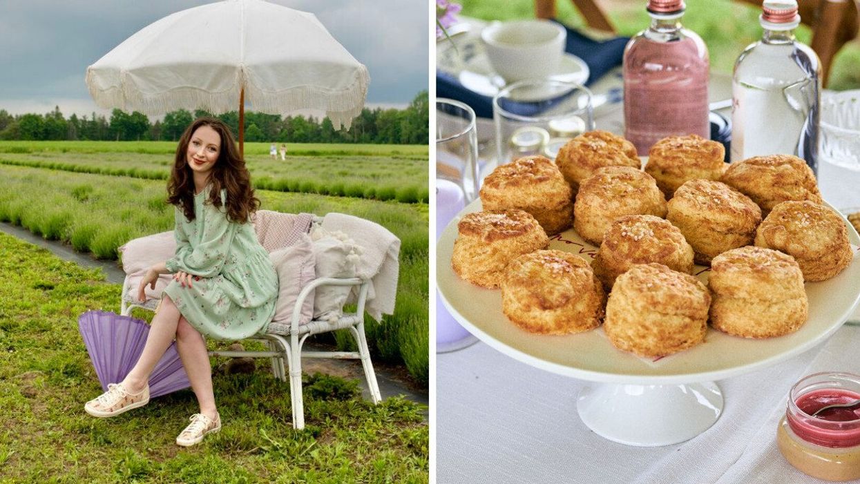 A person sitting on a bench in a lavender field. Right: Scones on a platter.