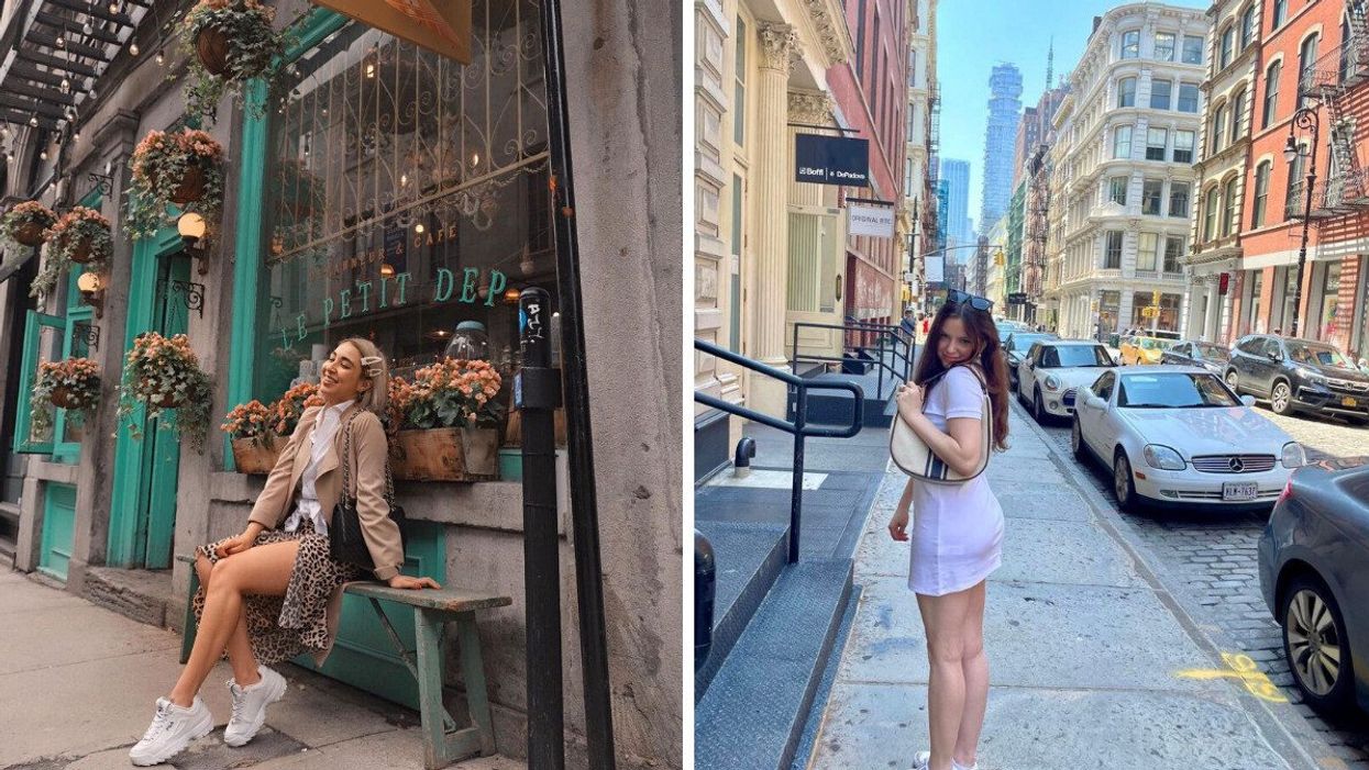 A person sitting on a bench. Right: A person standing on a street in a city.