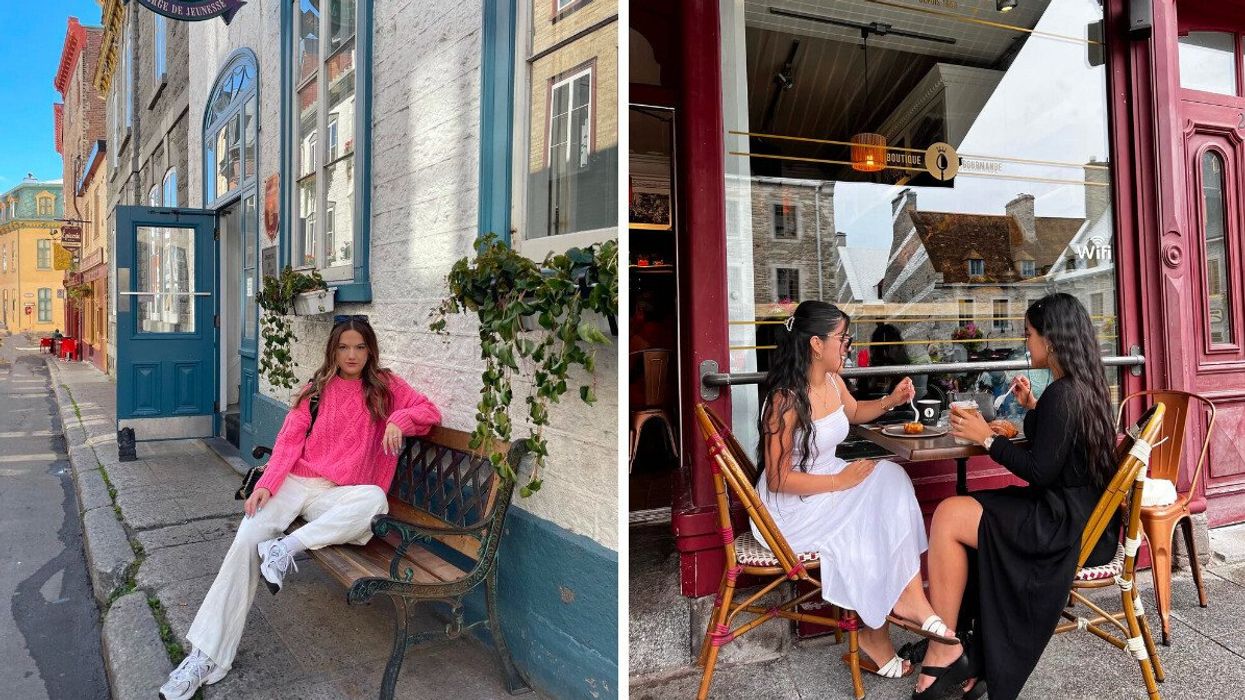 A person sitting on a bench. Right: Two people sitting at cafes.