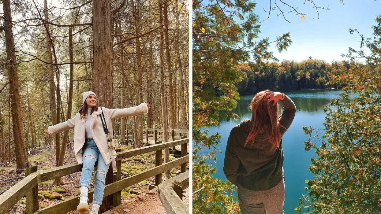 A person sitting on a boardwalk trail. Right: A person standing by a lake.