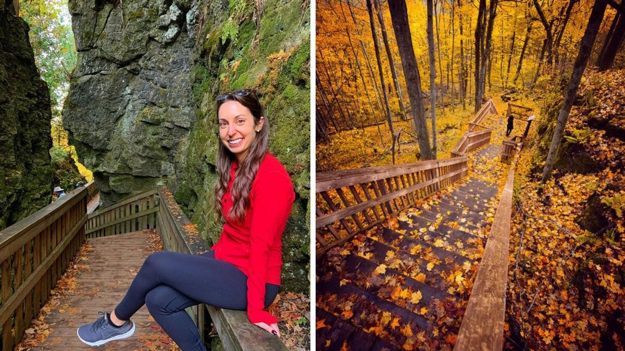 A person sitting on a boardwalk trail. Right: A staircase covered in fall leaves.