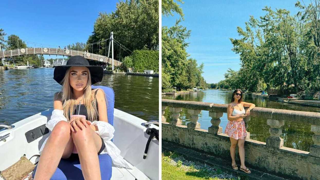 A person sitting on a boat. Right: A person standing by a waterway.