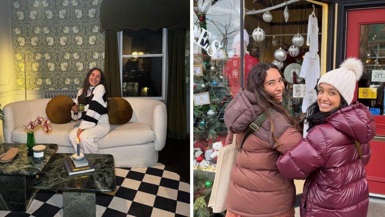 A person sitting on a couch in Hotel Julie in Stratford. Right: Two best friends Christmas shopping in Stratford.