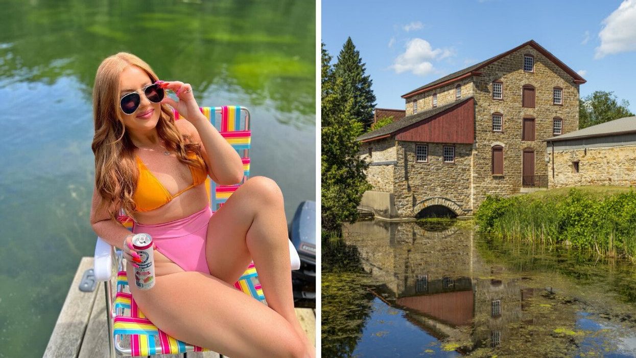 A person sitting on a dock by a lake. Right: A historic mill.