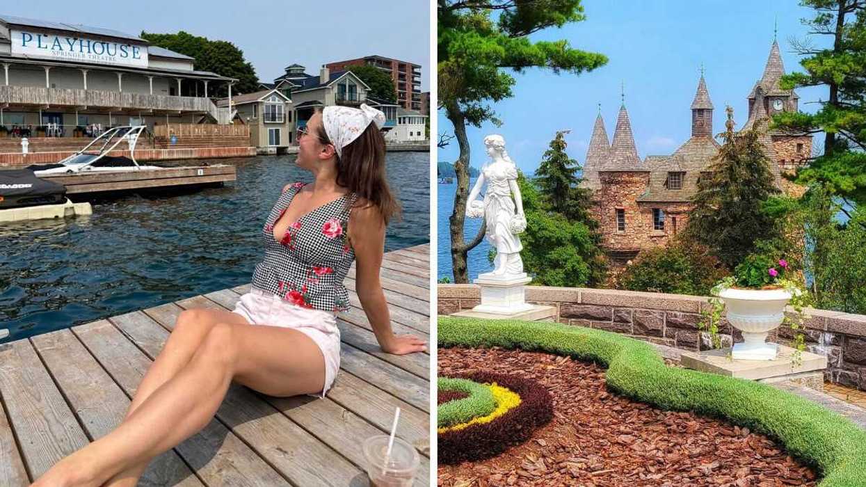 A person sitting on a dock by the water. Right: A castle with a garden.