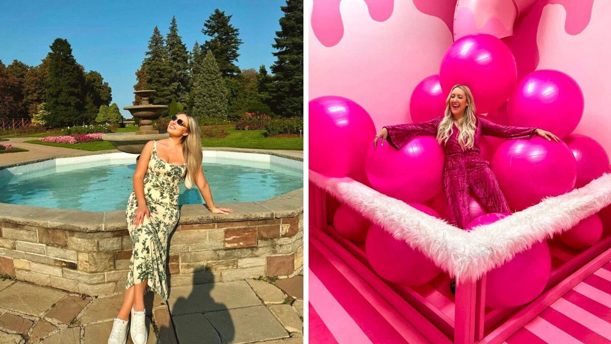 A person sitting on a fountain. Right: A person leaning on pink exercise balls.