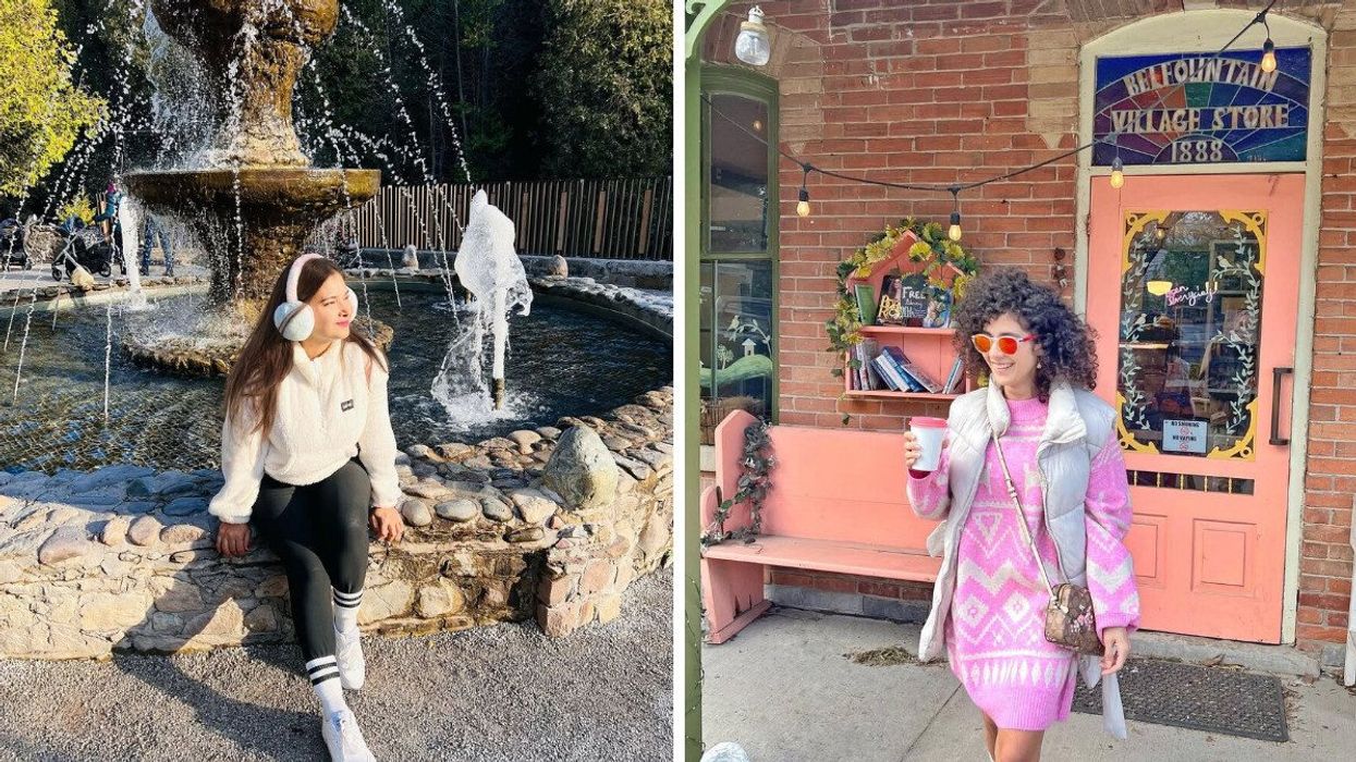 A person sitting on a fountain. Right: A person walking out of a store.