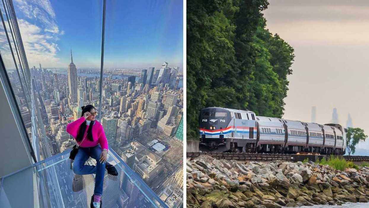 A person sitting on a glass floor. Right: A train travelling along a shoreline.
