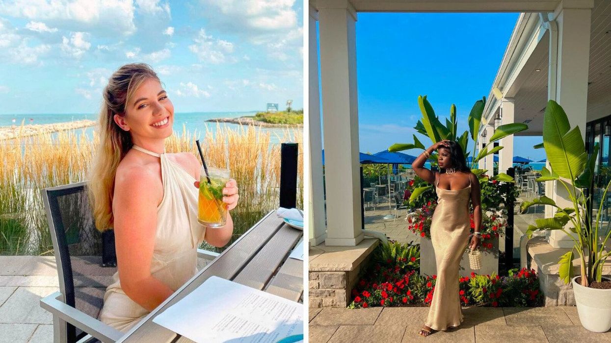A person sitting on a lakeside patio. Right: A person in a dress standing by leafy plants.