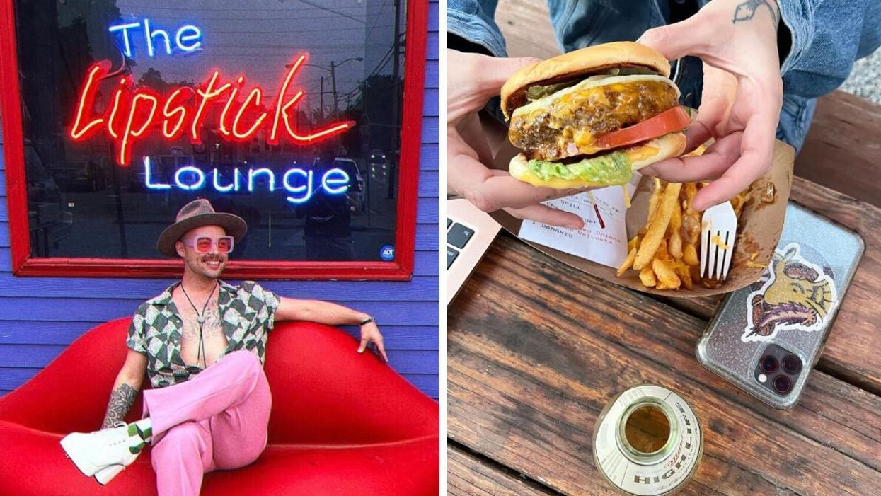 A person sitting on a lipstick-shaped couch. Right: A burger and fries.
