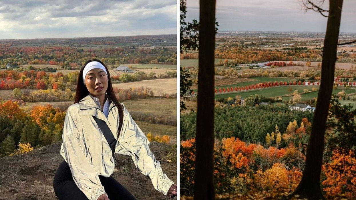 A person sitting on a lookout over fall colours. Right: A lookout over fall foliage.