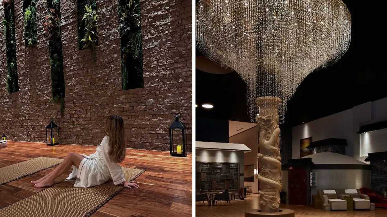 A person sitting on a mat. Right: A column with crystals.