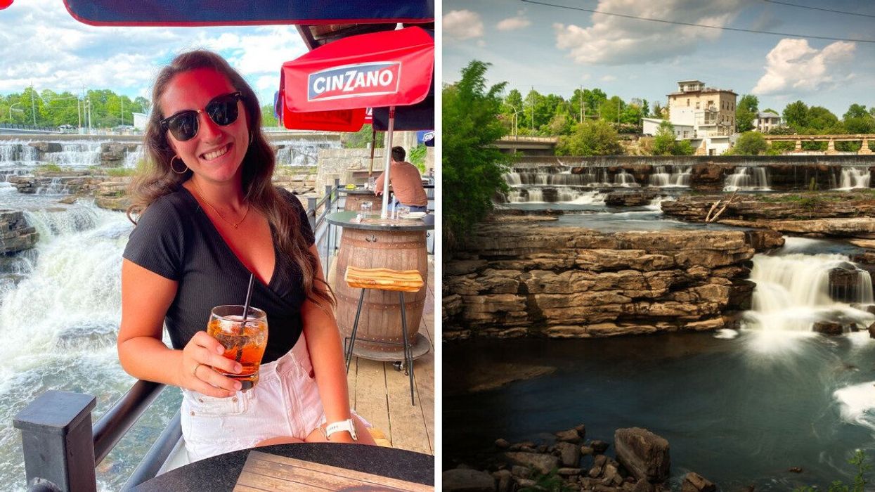 A person sitting on a patio by a waterfall. Right: A small town with a waterfall.