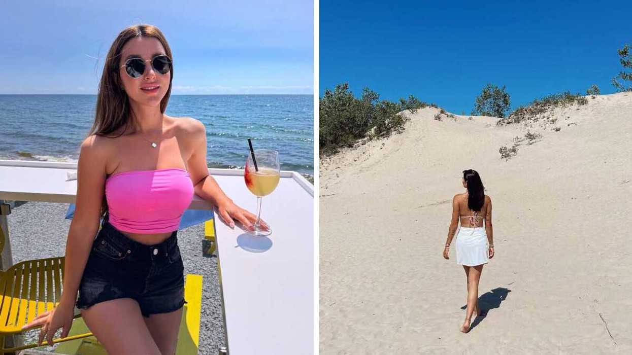 A person sitting on a patio by the water. Right: A person walking on a sandy beach.