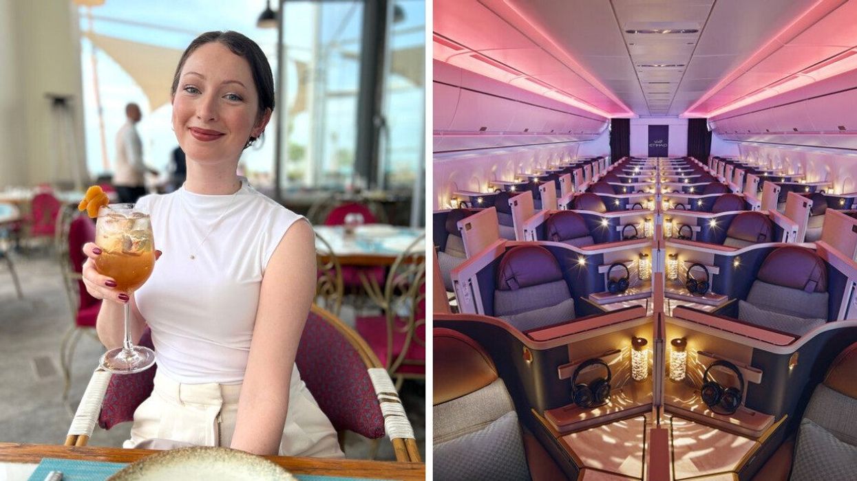 A person sitting on a patio holding a drink. Right: Business class on an airplane.