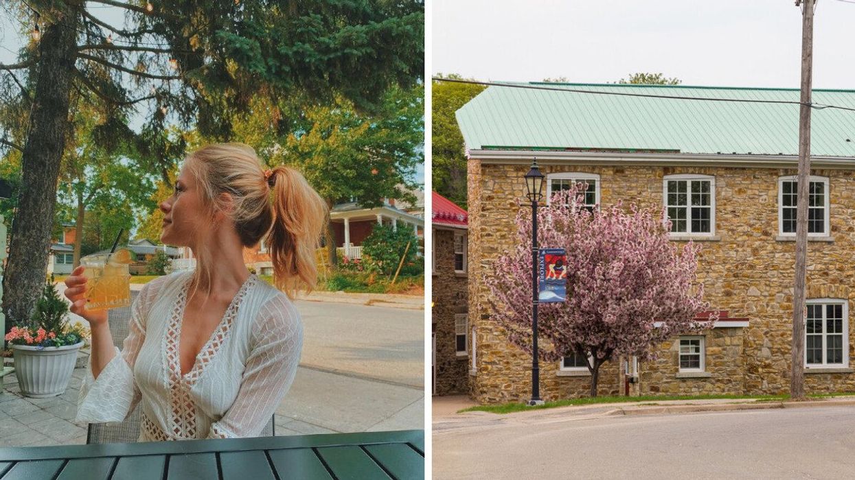 A person sitting on a patio. Right: A historic building.