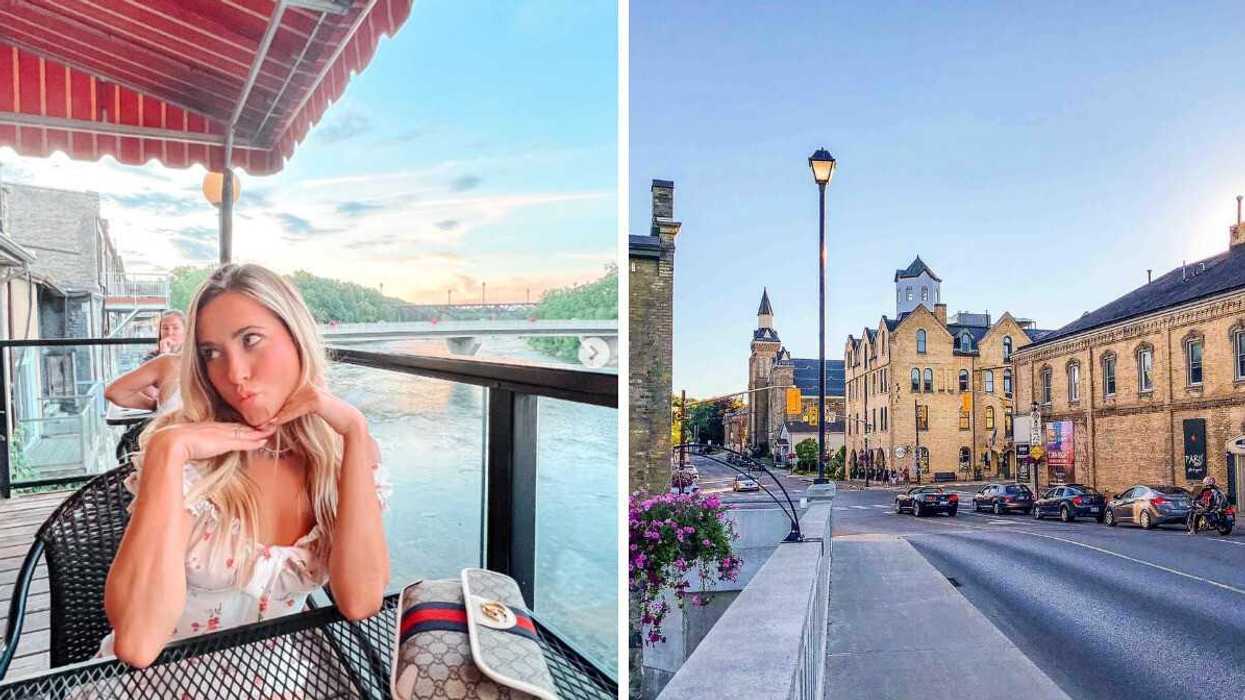 A person sitting on a patio. Right: A historic street.