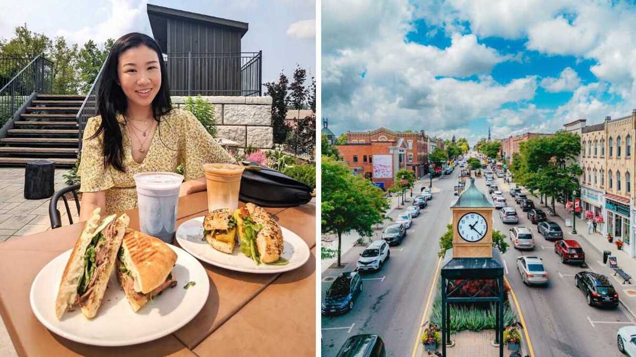 A person sitting on a patio. Right: A main street.