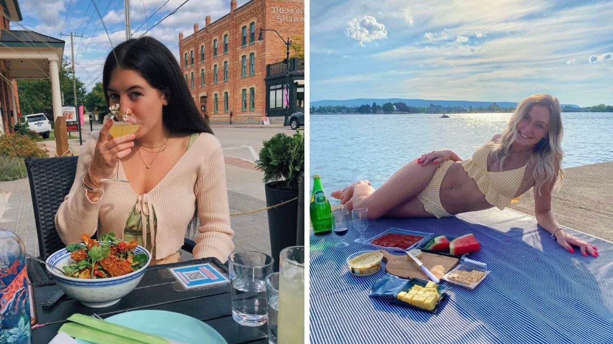 A person sitting on a patio. Right: A person sitting by the water.