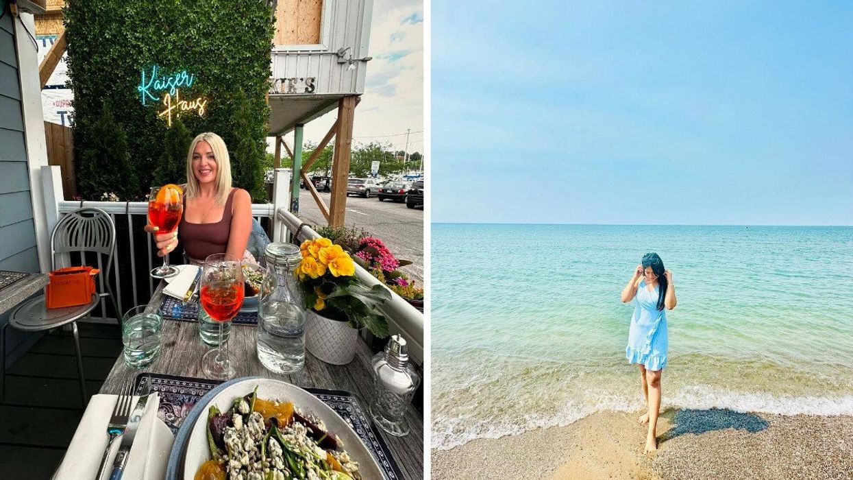 A person sitting on a patio. Right: A person standing on a beach.