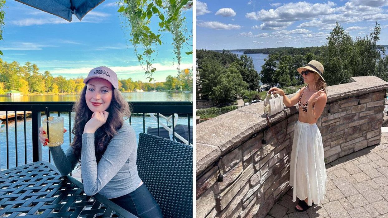 A person sitting on a patio. Right: A person standing on a patio.