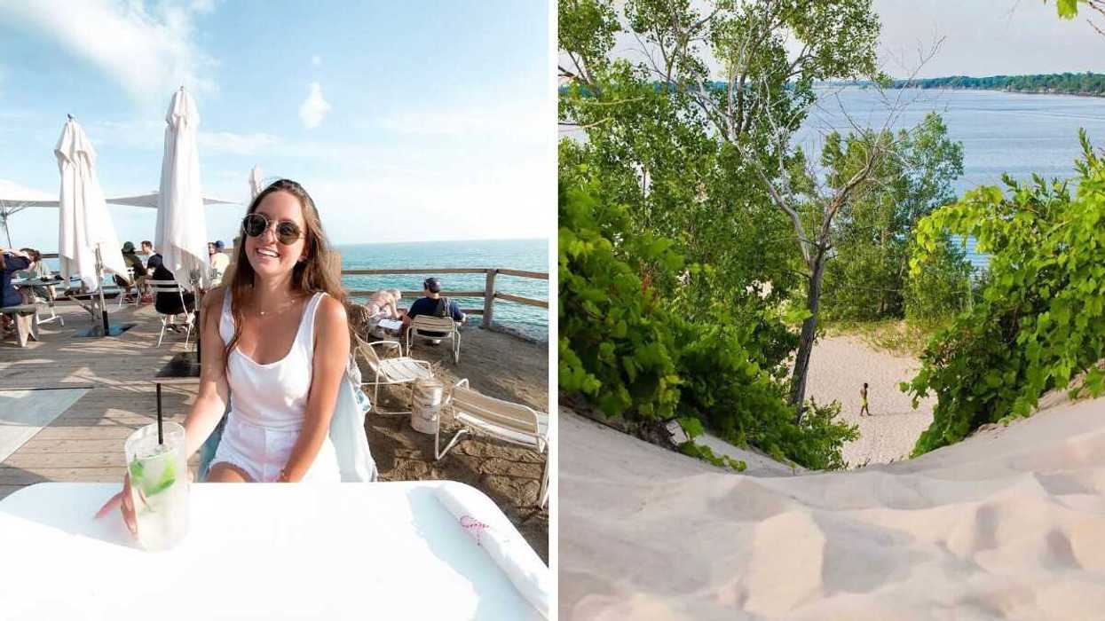 A person sitting on a patio. Right: A person walking on a sandy beach.