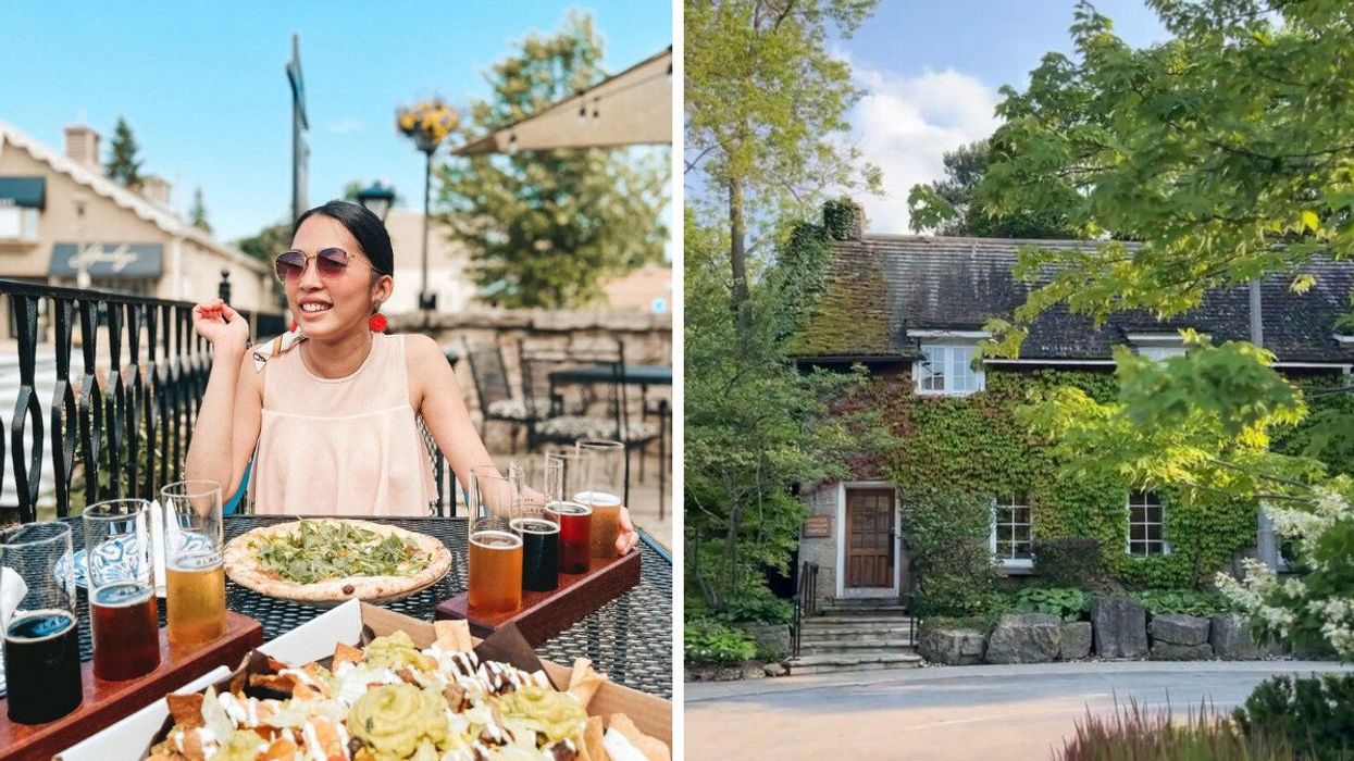 A person sitting on a patio. Right: A stone building covered in vines.