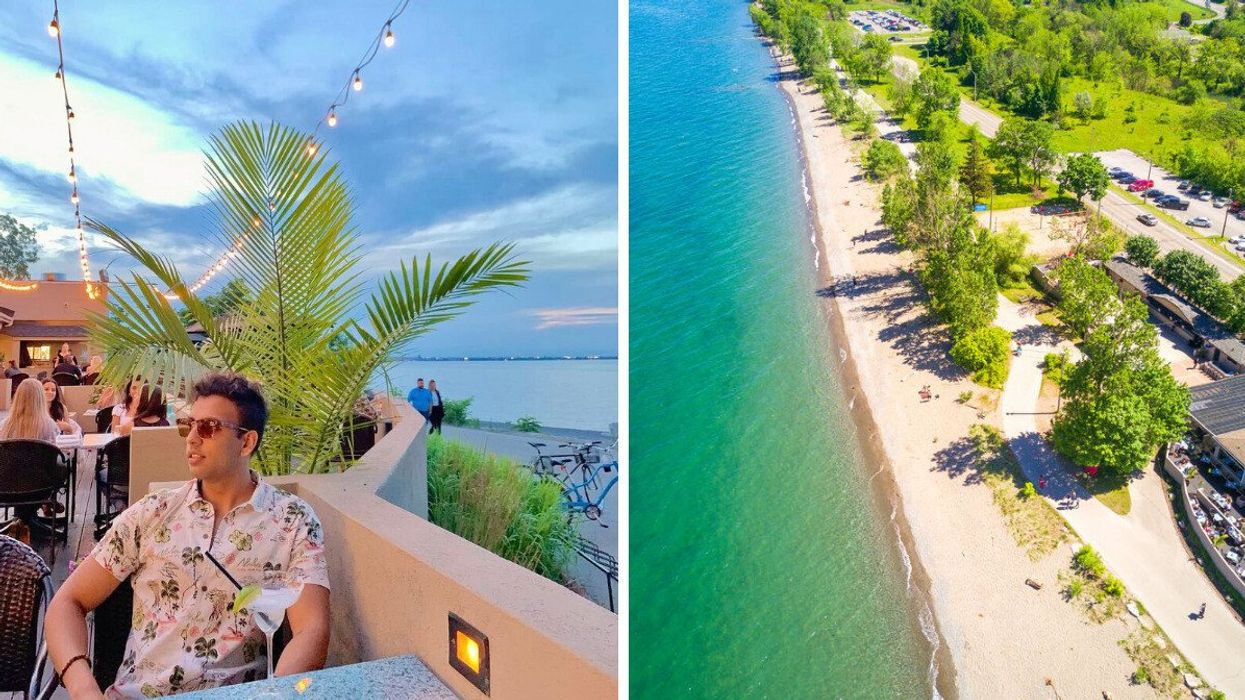 A person sitting on a patio. Right: An aerial view of a sandy beach and patio.