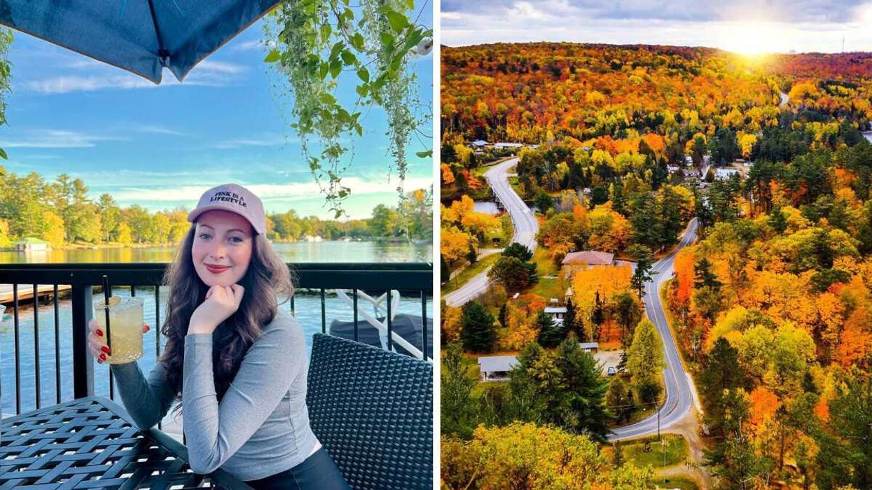 A person sitting on a patio. Right: Fall colours.