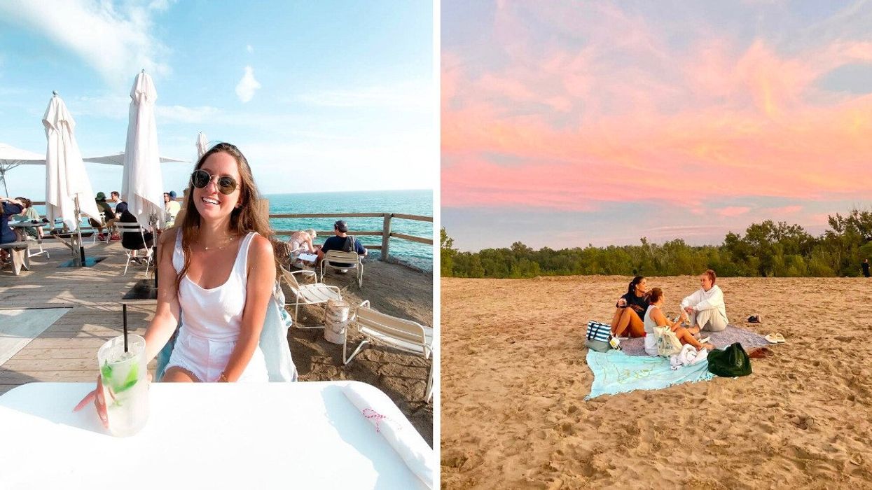 A person sitting on a patio. Right: People sitting at a beach.