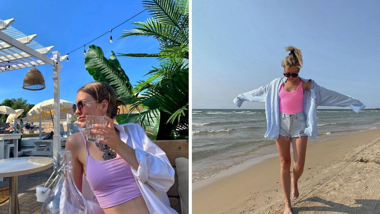 A person sitting on a patio with a drink. Right: A person walking on a beach.