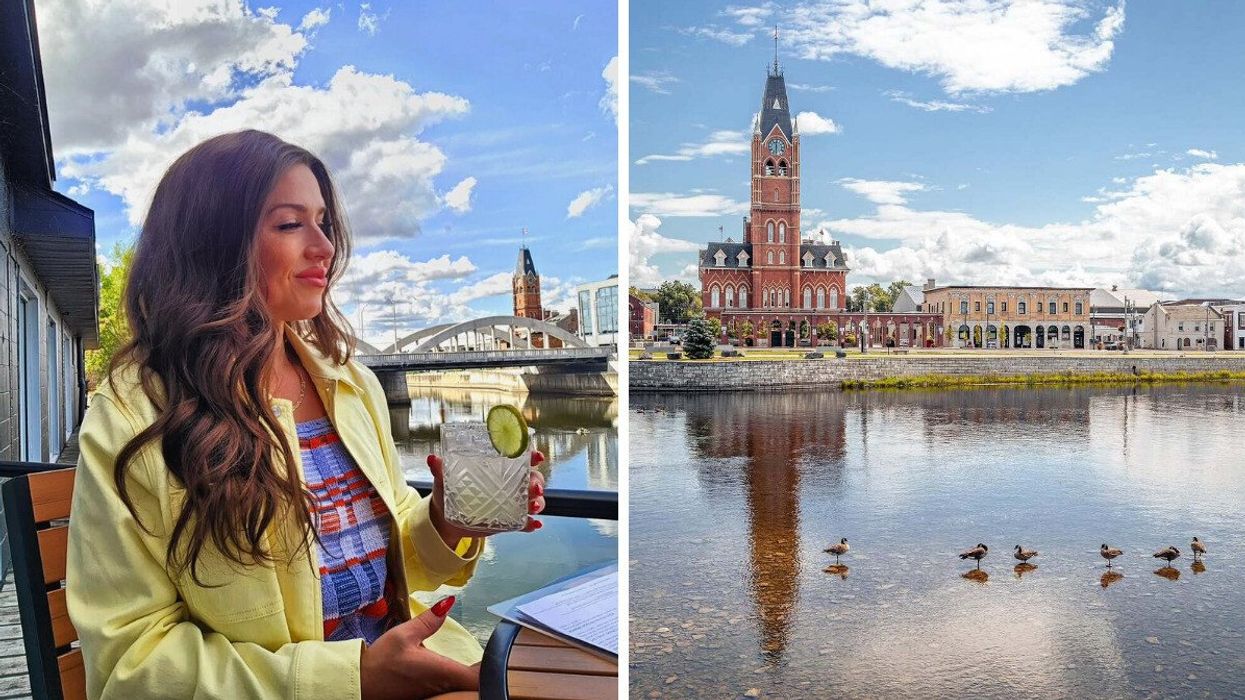 A person sitting on a patio with a drink. Right: A waterfront city.