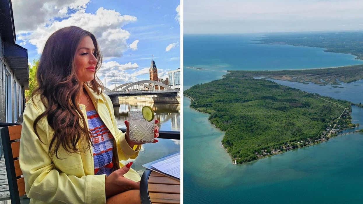 A person sitting on a patio with a drink. Right: Land surrounded by blue water.