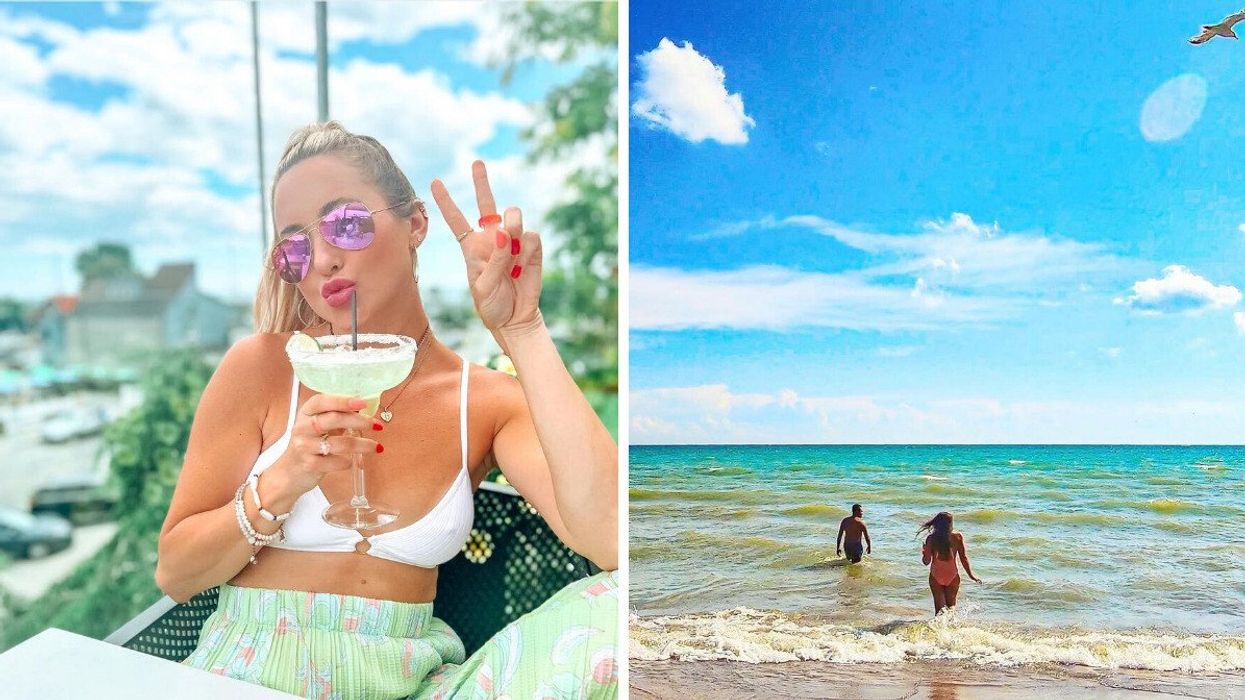 A person sitting on a patio with a drink. Right: Two people in a lake.