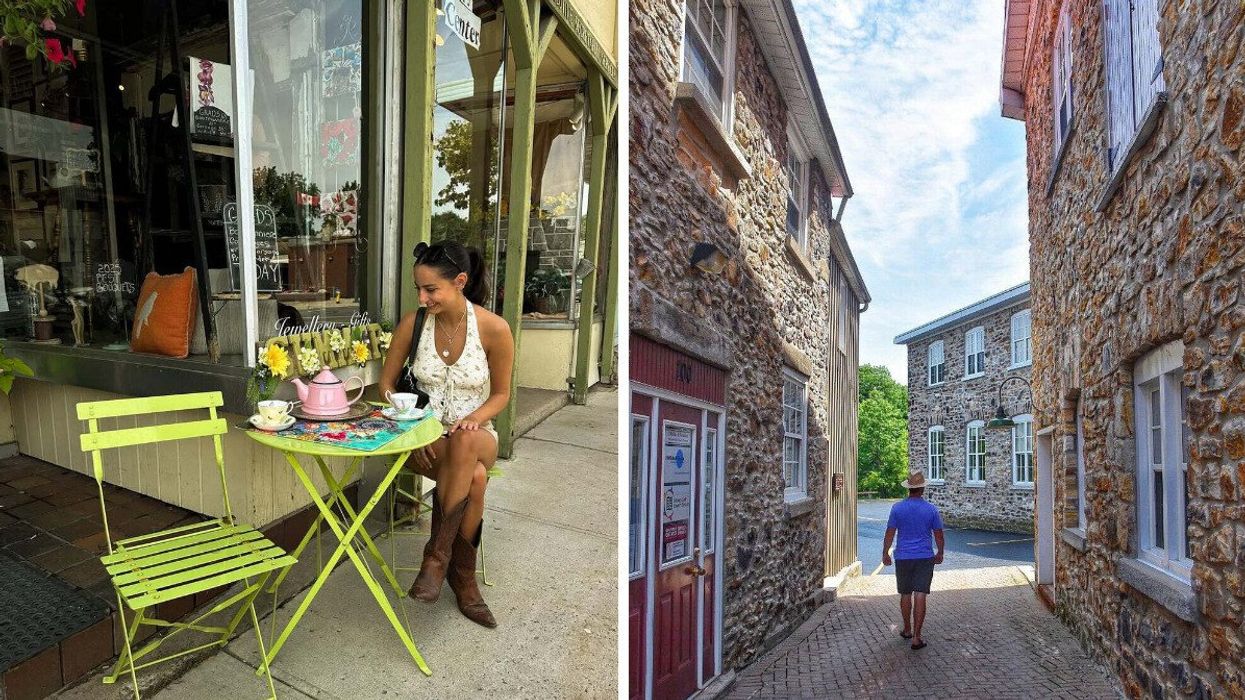 A person sitting on a patio with a tea set. Right: A person walking down a historic street.