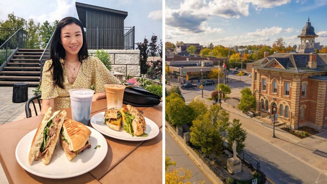 A person sitting on a patio with food. Right: A historic street.