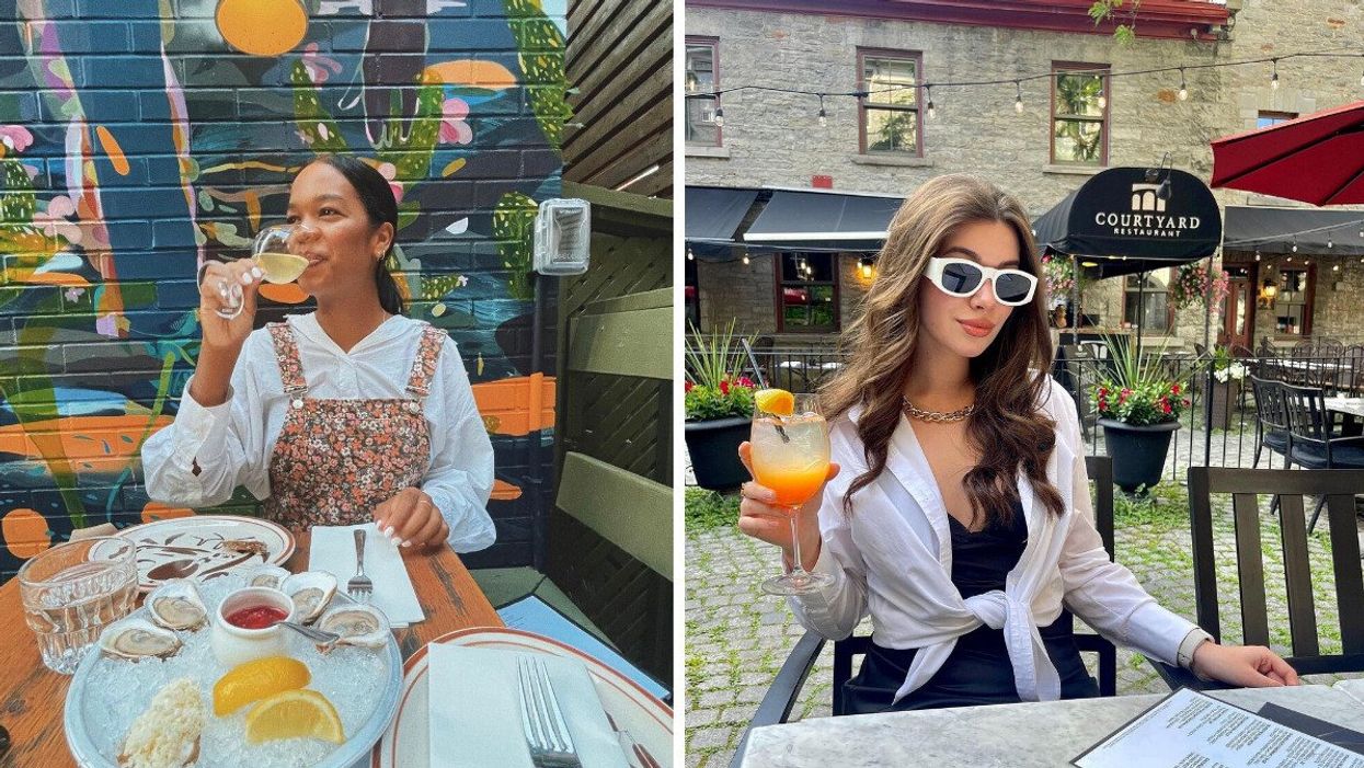 A person sitting on a patio with oysters. Right: A person sitting on a patio holding a drink.