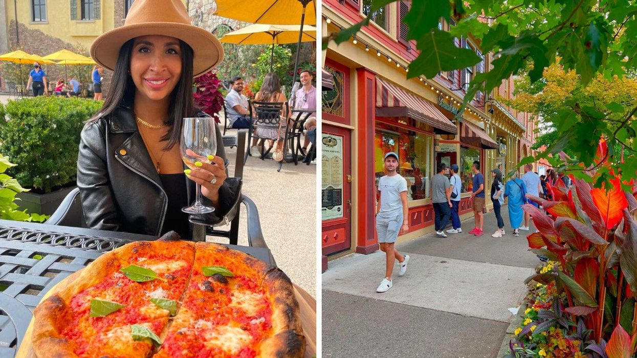 A person sitting on a patio with pizza. Right: A street in a small town.