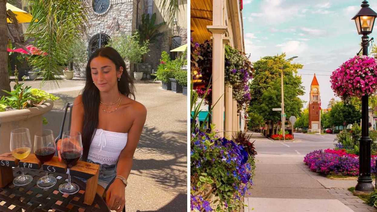 A person sitting on a patio with wine. Right: A small town with flowers.