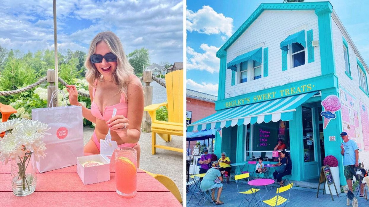 A person sitting on a pink patio. Right: A blue and white shop.
