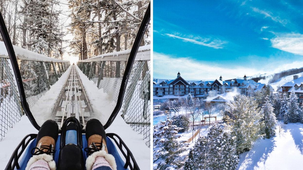 A person sitting on a ride in the winter. Right: A village covered in snow.