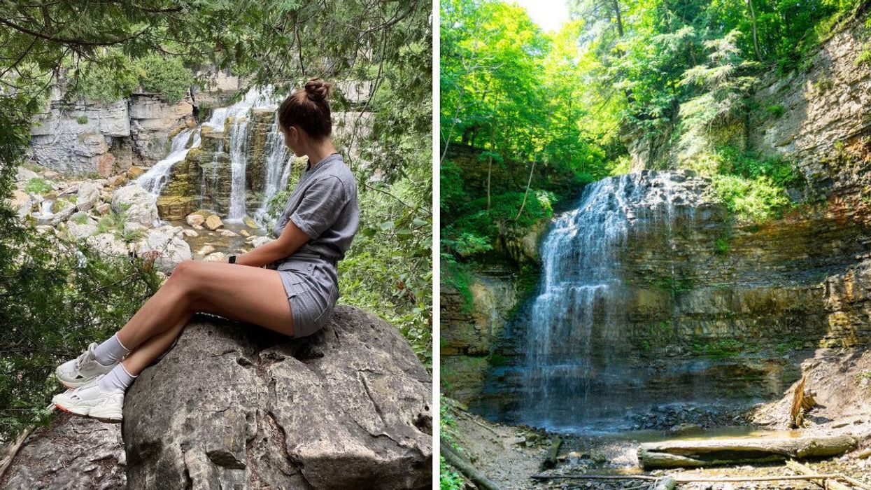 A person sitting on a rock by a waterfall. Right: A waterfall.