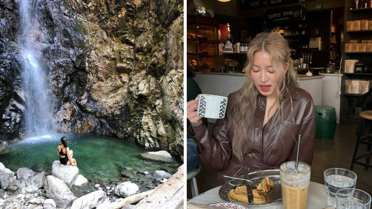 A person sitting on a rock looking at a waterfall cascading down a rock cliff. Right: A person holding a cup of coffee with a plate of food and drinks on the table in front of them.