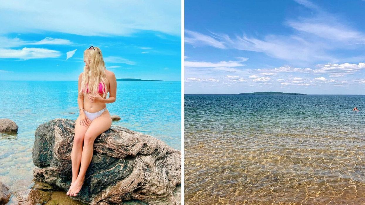 A person sitting on a rock. Right: A clear-water lake.